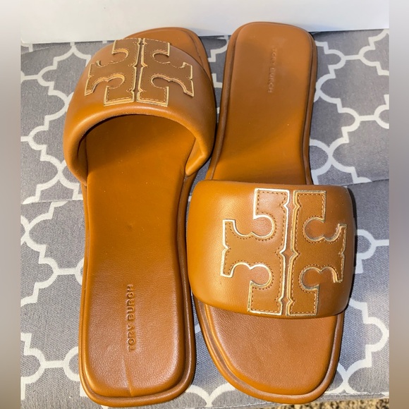 Tori Burch Double T Slides 12 Leather - Picture 2 of 5